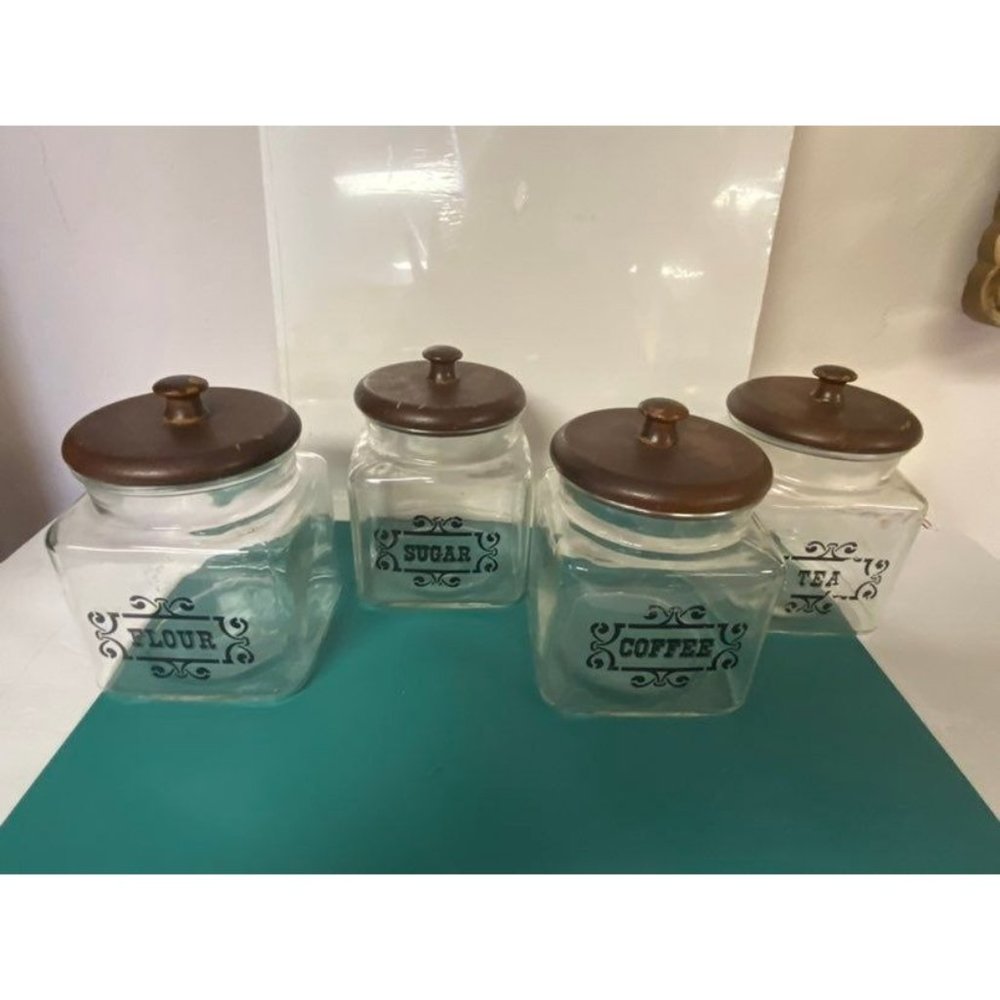 Vintage Set of 4 Glass Canister Labeled in Black Lettering 1970's